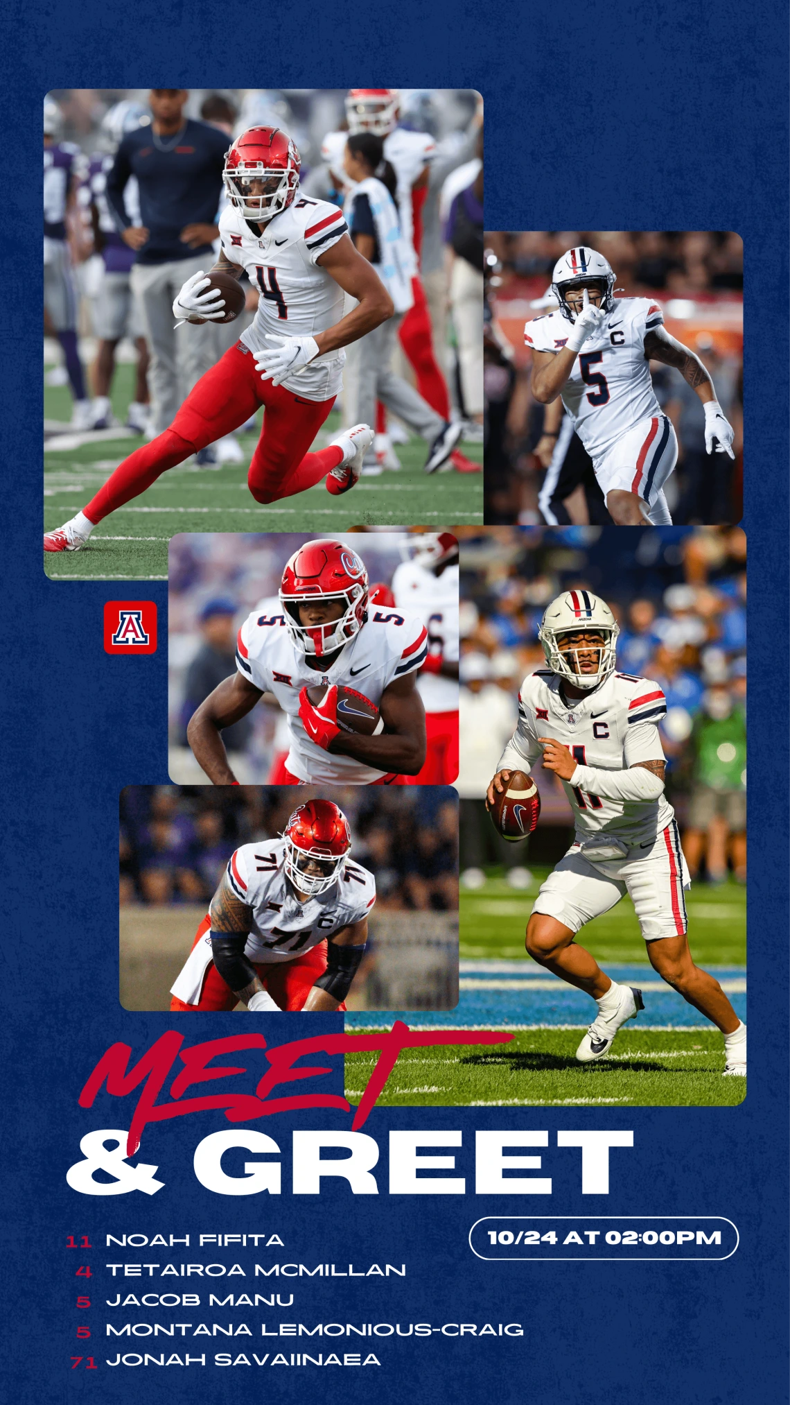 Image of Arizona football players in action on the field advertising a meet and greet with some members of the football team at the Campus Store