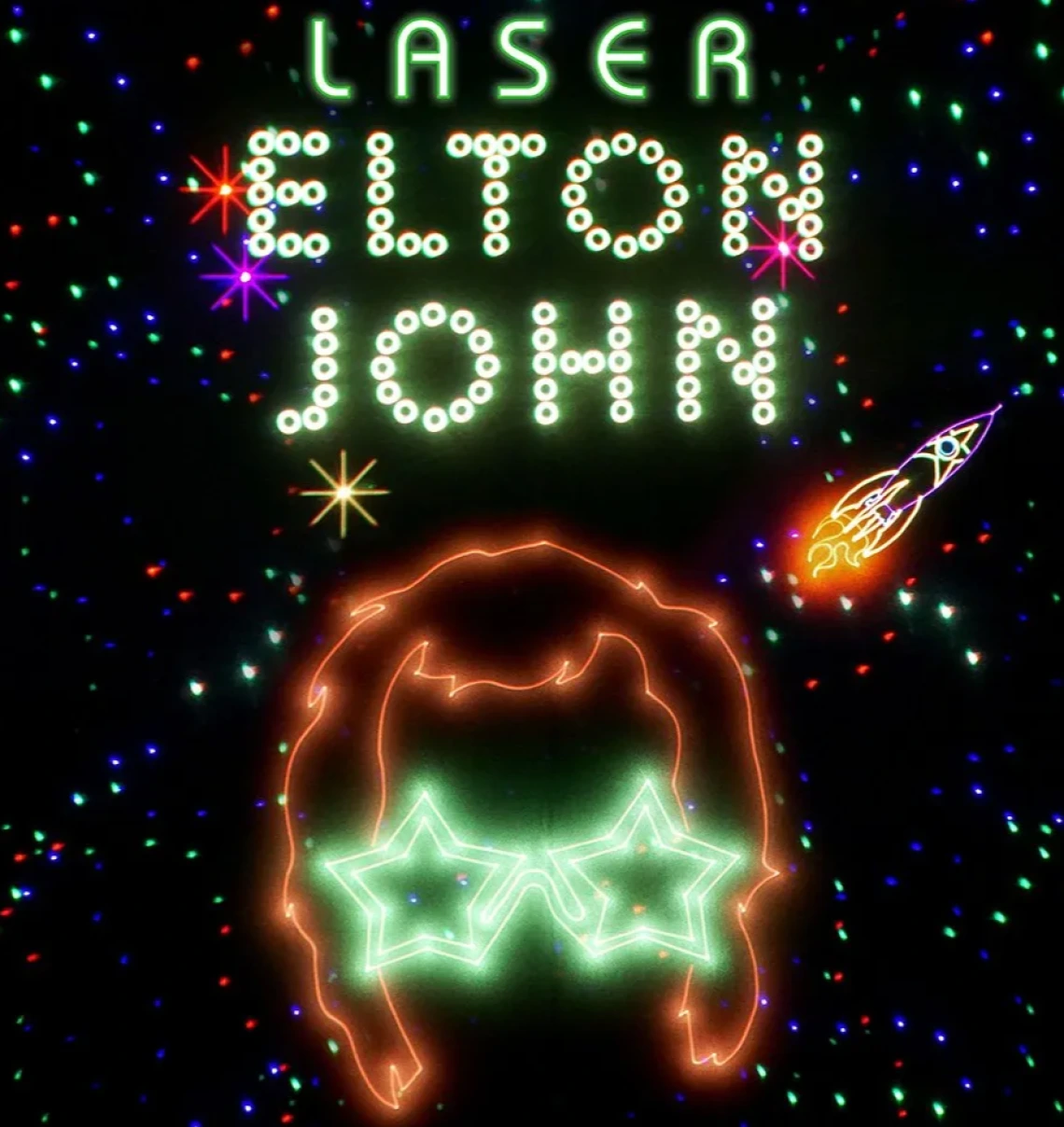 Laser image with Elton John words and start glasses